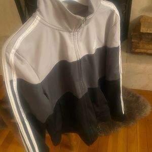 Adidas black grey white multi color track jacket. Size Med 10-12 .
